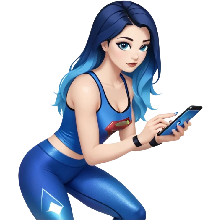 Texting on phone-very very very large upper body-sexy face-bending forward at waist-very long very straight dark blue to light blue ombre hair-and-blue eyes-thick black eyeliner-thick long eyelashes-iridescent blue lowcut tanktop with black leggings with glitter superman logo emoji