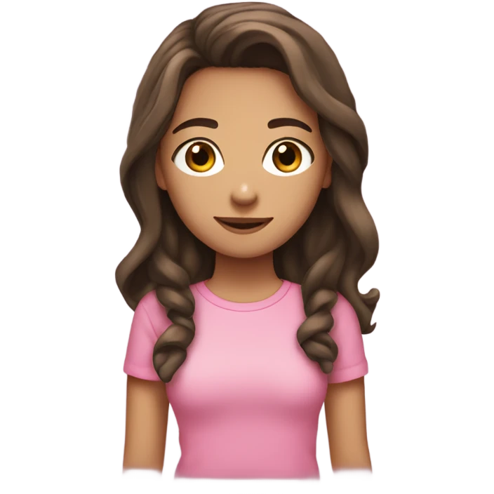 teen girl with light skin, dark brown hair with a middle part, slightly longer than shoulder length, wearing a pink t shirt emoji
