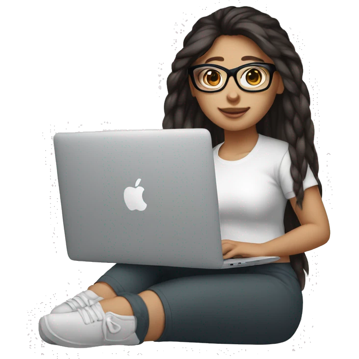 Girl with dark brown ponytail hair chinky eyes with glasses and white skin hold macbook emoji
