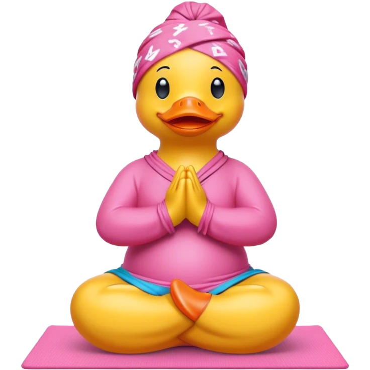 side view of yellow rubber duck with a pink bandana doing yoga while praying emoji