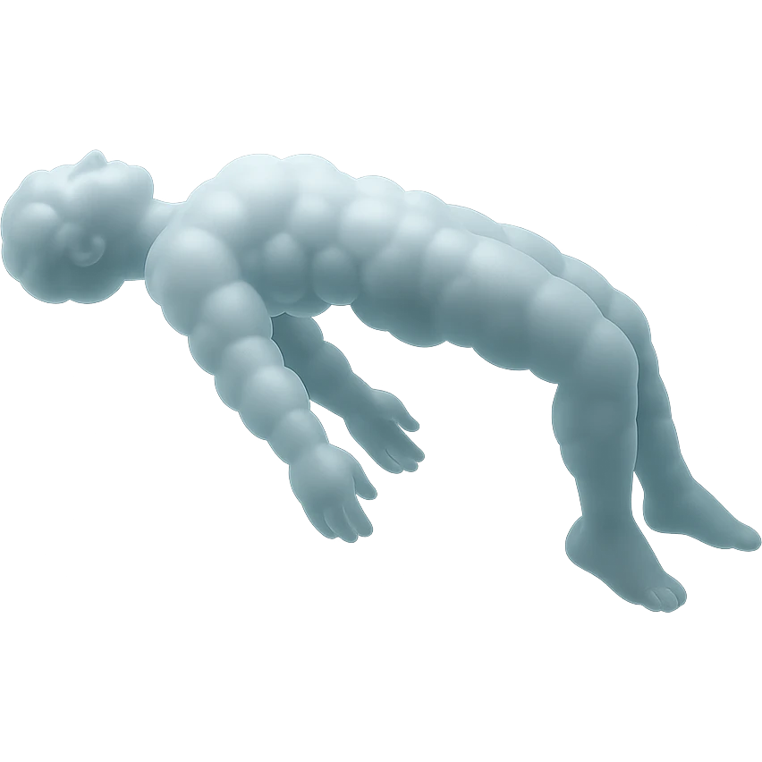 side view of unconscious person flying with torso upwards and legs and arms downwards, made of small very bright white fluffy convex clouds, matte glass style emoji