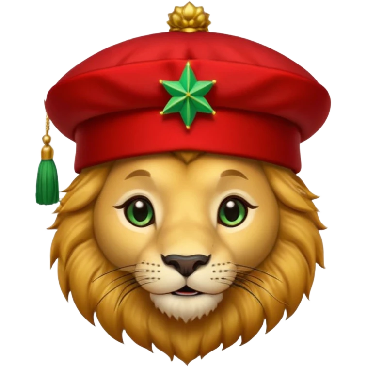 Cute lion face emoji with golden fur, big round eyes, and a friendly expression. Wearing a red Moroccan fez hat with a green star on the front and a small black tassel on the side emoji