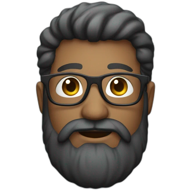 Homem branco com barba barba grande, cabelo preto, usa óculos emoji