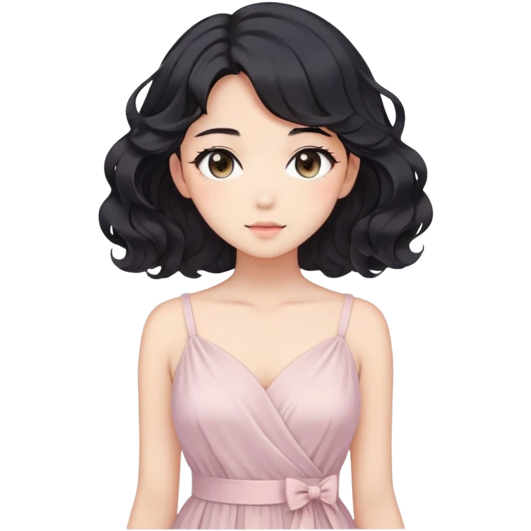 Gorgeous anime lady with elegant black wavy hair wearing a soft flowy feminine dress in pastel colors emoji