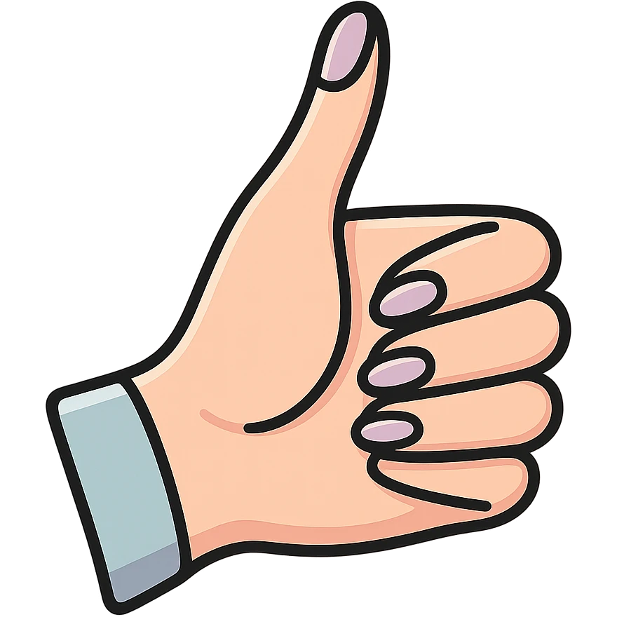 thumbs up, elegant female hand with manicure, icon-color-outlined style, thin clean contours, graceful soft rounded shapes, pastel palette #98B5BC, #B5B3C1, #C9A3C9, #E4C0CA, #F7DCD1, #F7C0AA, detailed shadows and highlights, soft lighting, no background emoji