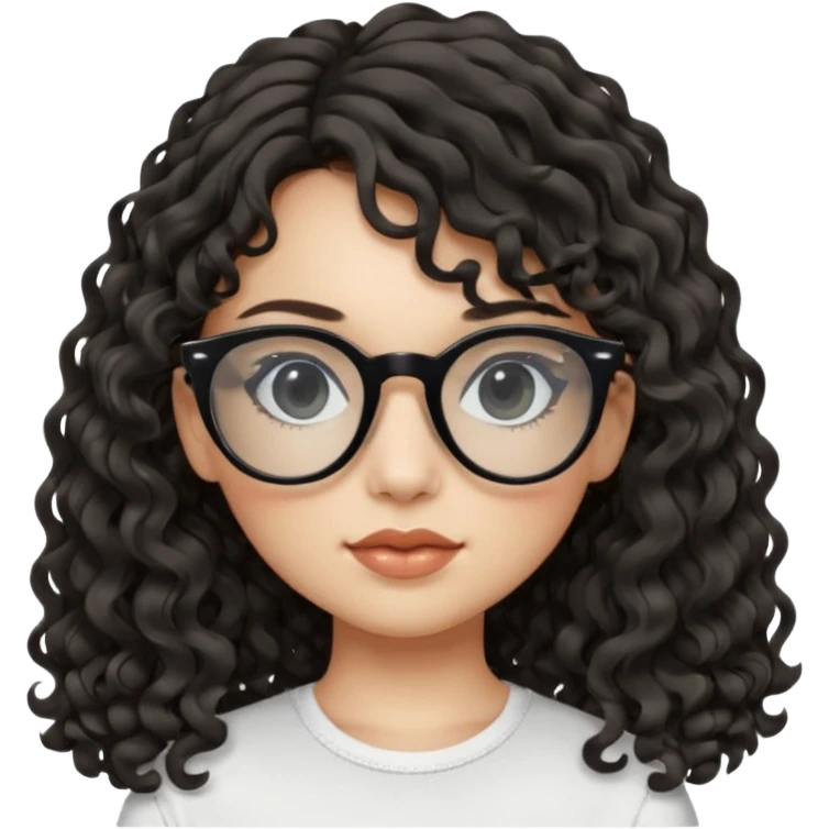 create a frontend girl that has a round face and very long curly hair with a side curtain bangs and wears black square rayban glasses doesnt smile with her teeth and white emoji
