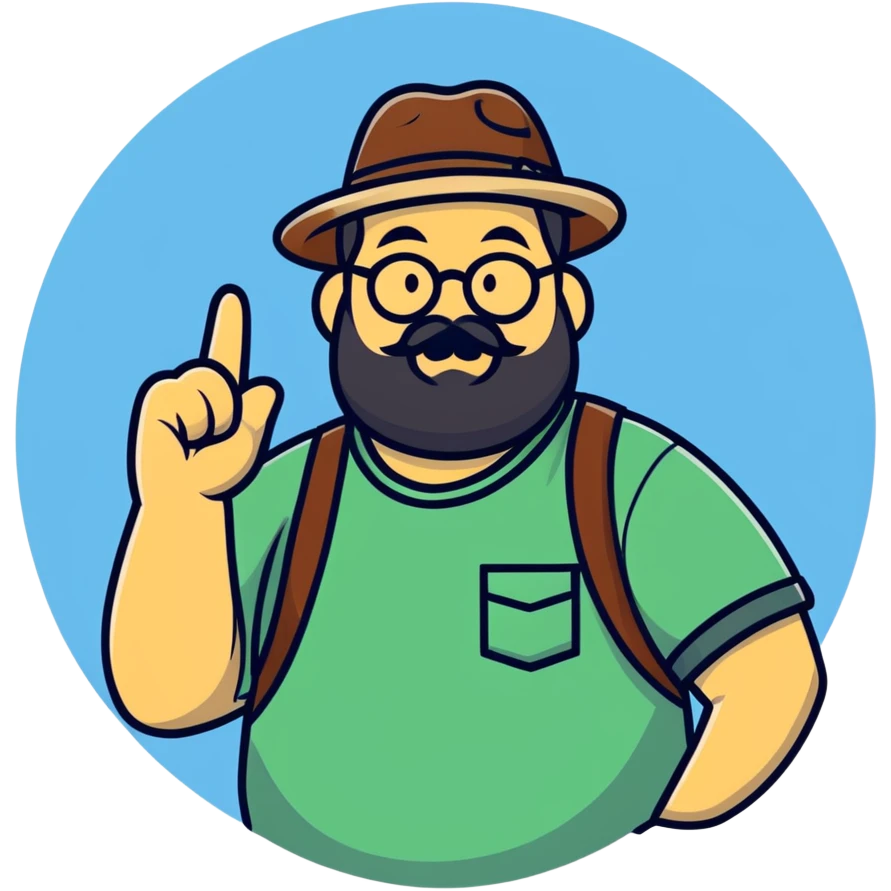 Fat bearded nerd wearing fedora hat pointing up to the sky with finger emoji