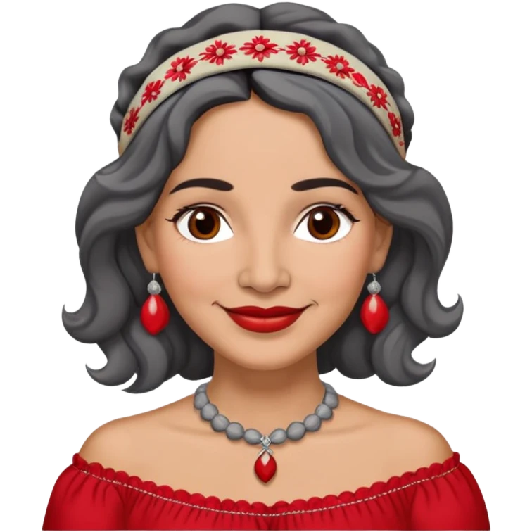 Latina woman, 50 years old, warm light brown skin, round face, wavy black and gray hair, red and white headband, medium eyes, thin eyebrows, kind smile, gray peasant blouse, embroidery, bare shoulders, large dark necklace emoji