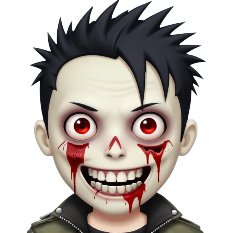 zombie boy with emo spiky hair, white skin, and white eyes; an open smile, and bloodied teeth; emoji