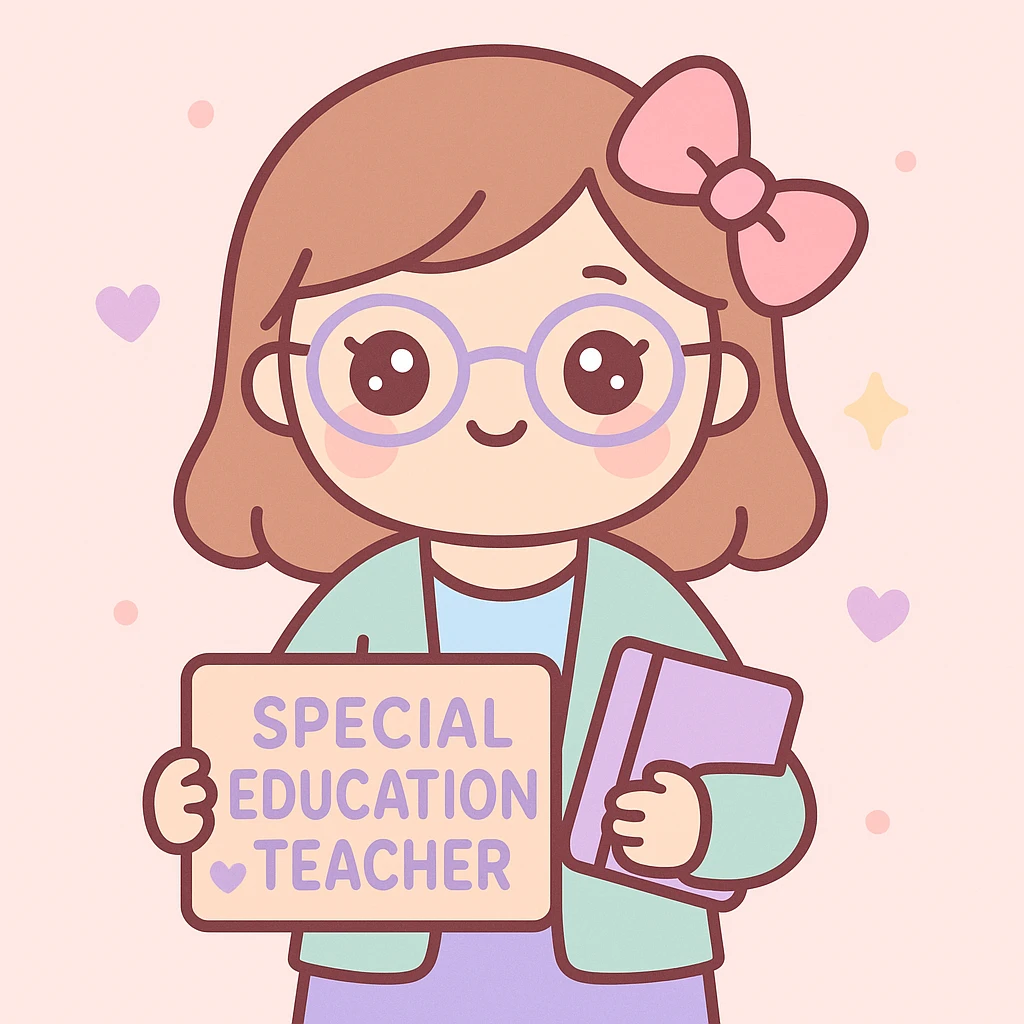 special education teacher with a pink bow in her hair, kawaii style, big eyes, sweet expression, pastel background emoji