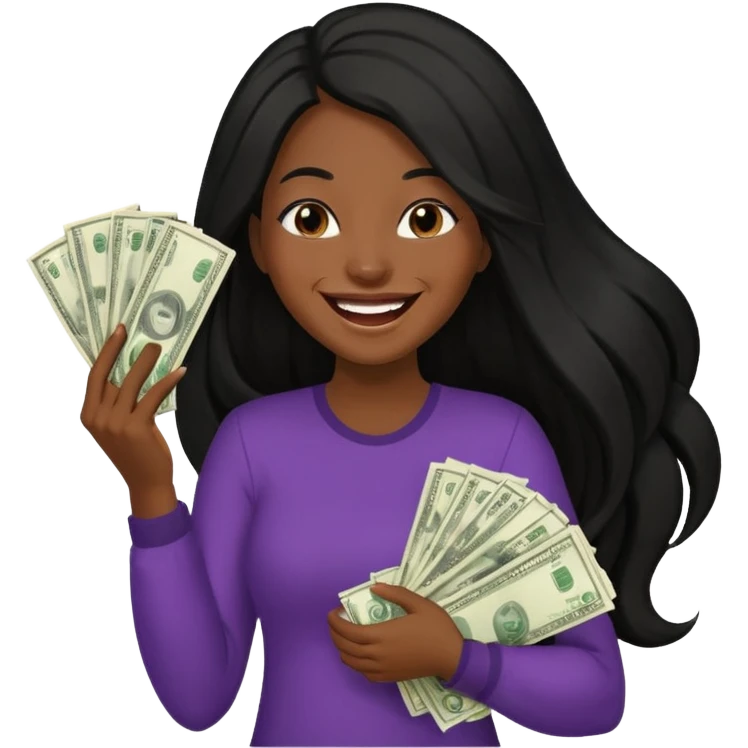 laughing dark long haired woman holding lots of money emoji