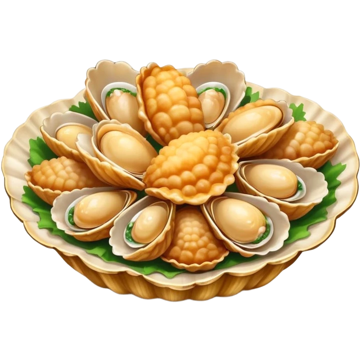 Qingdao fried clams in shell with garlic, simplified emoji style with bold outlines and bright colors, cartoon style Shandong seafood specialty emoji