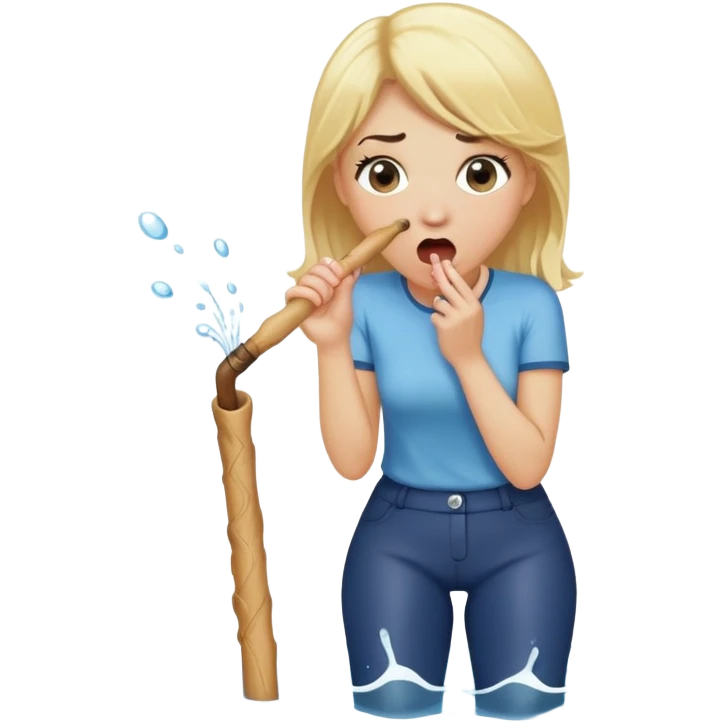 blond woman on her knees, shocked, holding a wide skin-tone stick with a D-shaped knob, the stick emerging from trousers hanging in front of her face, water squirting from the knob into her mouth emoji