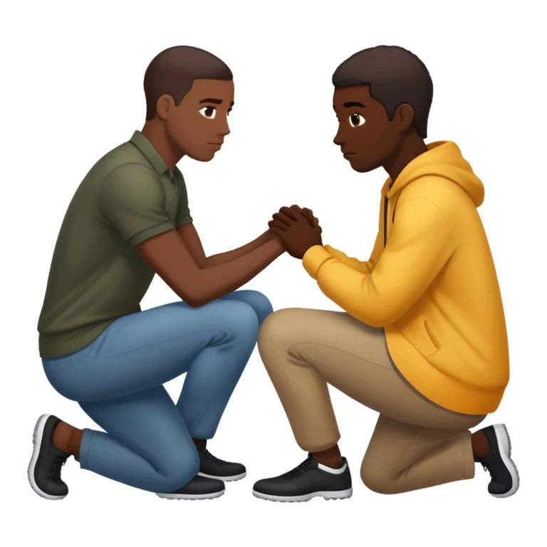 Black man kneeling down in front of white man, respectful gesture emoji