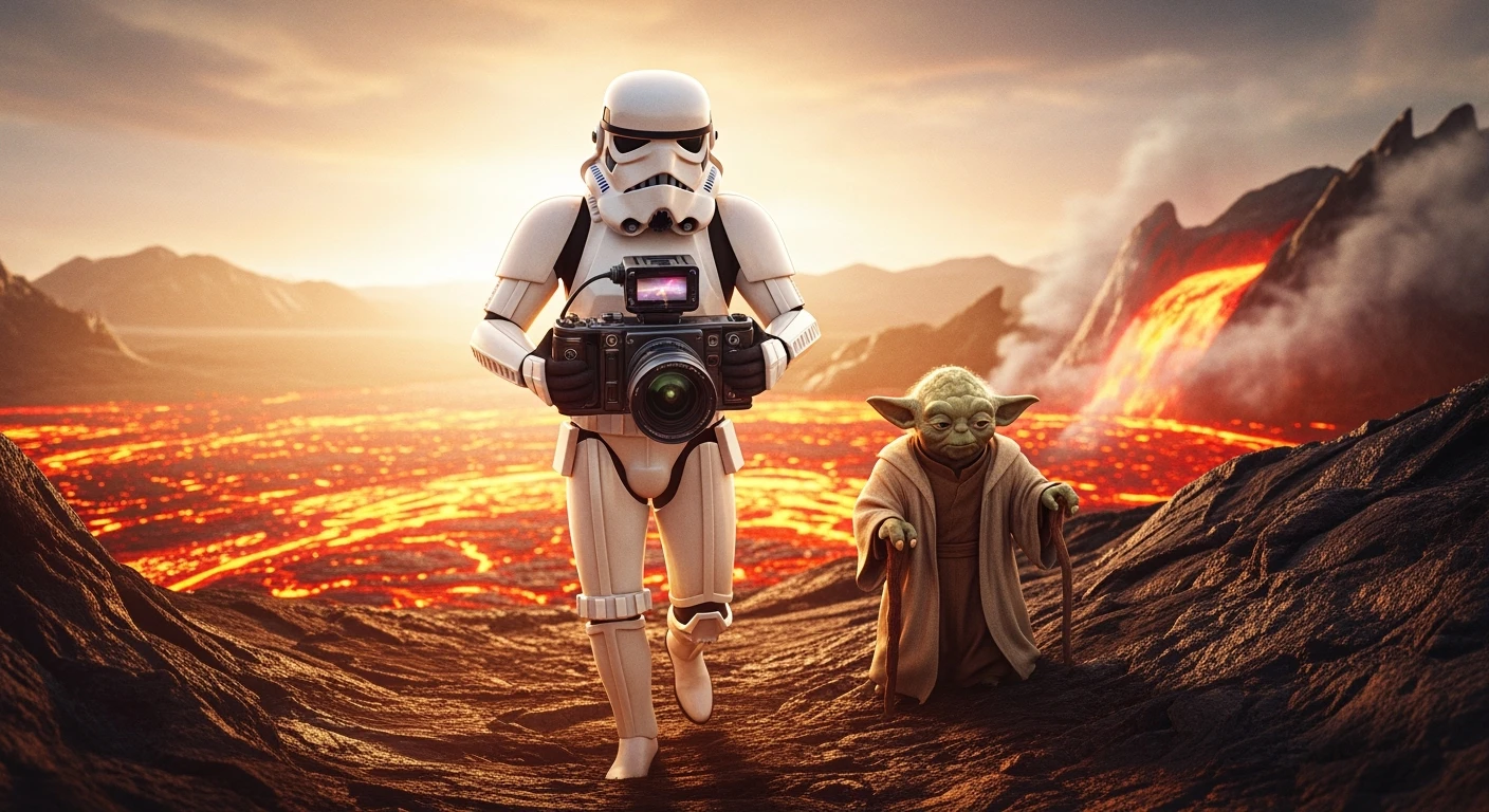 Starwars stormtroopers vlogging holding camera, he is walking on lava planet with yoda emoji
