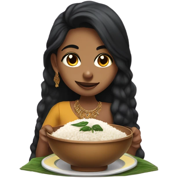 Indian girl with brown skin big nose and nose piercing, spinach on teeth, with black long fuzzy hair wearing indian dress eating curry and rice.  emoji