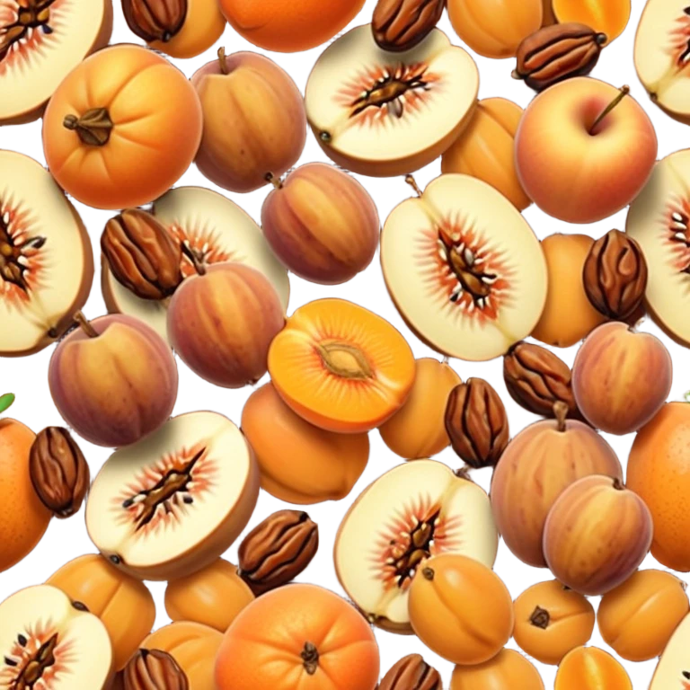 assortment of dried fruits including raisins, apricots, figs, dates, apple rings, gently scattered, natural color and texture, wrinkled, warm orange and brown tones, 3D-rendered, minimalist, no faces, transparent background emoji