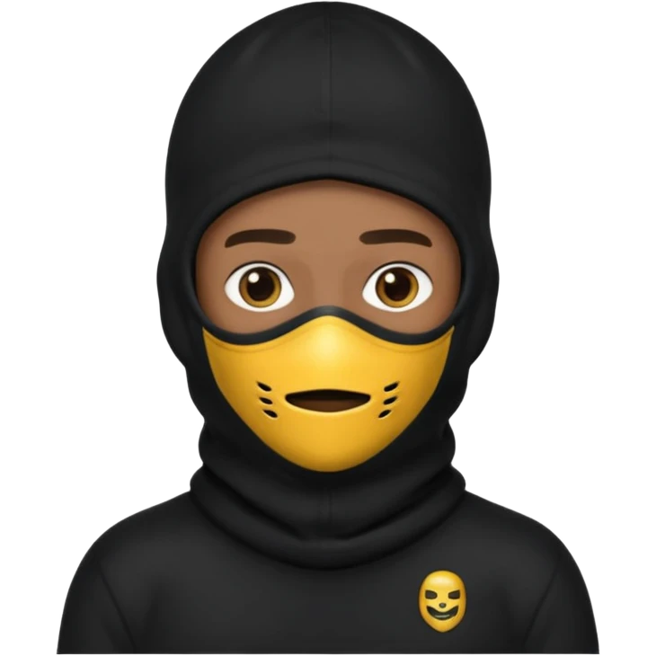 Crie um homem de blusa preta e capuz preto, balaclava preta, boné preto emoji