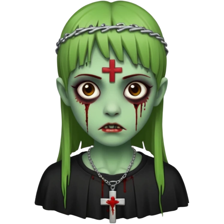 Zumbi verde com olhos castanhos aspecto de que tá sangrando, uma franja reta um piercing do lado esquerdo do nariz, roupa preta e crucifixo como colar, e também delineador emoji