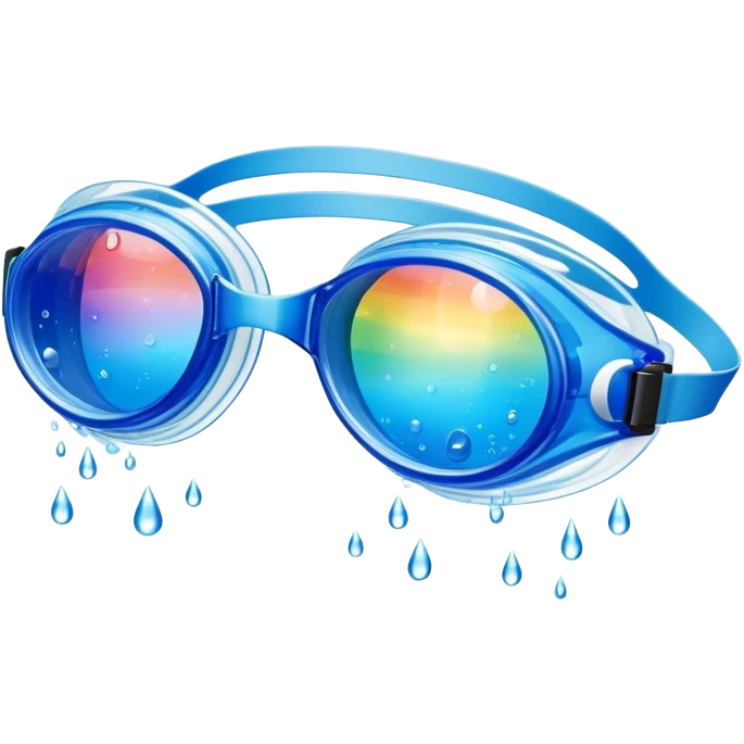 Transparent blue swim goggles, water droplets refracting rainbows emoji