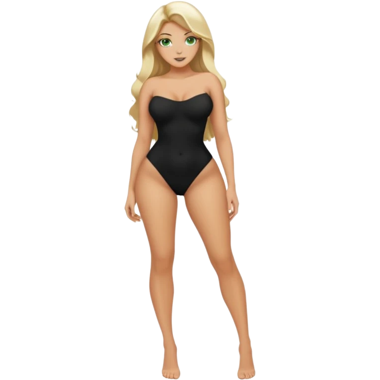 Blonde, green eyed woman with long  hair. She is curvy with a big butt and small breast. She is in sexy black clothes nude and full body exposed. She has nice long legs. She is doing sexy pose emoji