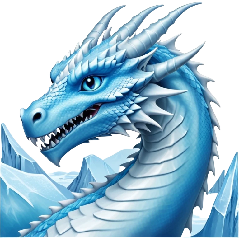 Cinematic Noble elegant Ice Dragon Portrait Emoji, Poised and imposing, distinct long elegant snout, with a slender, scaled body shimmering in glacial hues of icy blue, frostbitten silver, and crystalline white, breathing out frost, with piercing, glowing ice blue white eyes that radiate the chilling depths of an arctic storm; rendered in detail. excuding wisdom emoji