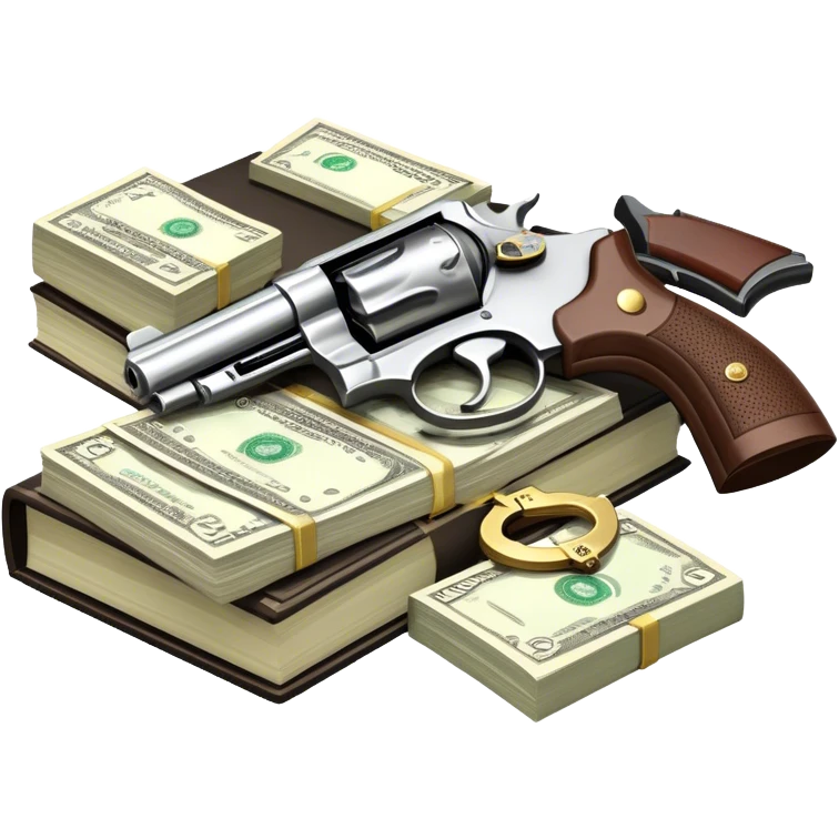 Icon for Action & Crime Reading: an open book, a revolver, handcuffs, a stack of cash. Surrounding elements include a dark alley, a police badge, and a pair of sunglasses. The icon should evoke tension, suspense, and action. Transparent background. emoji