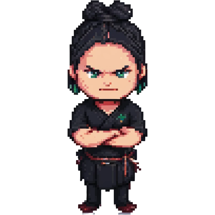 angry man with long black hair tied in a bun, arms crossed, dressed in black, pixel art 32bit style emoji