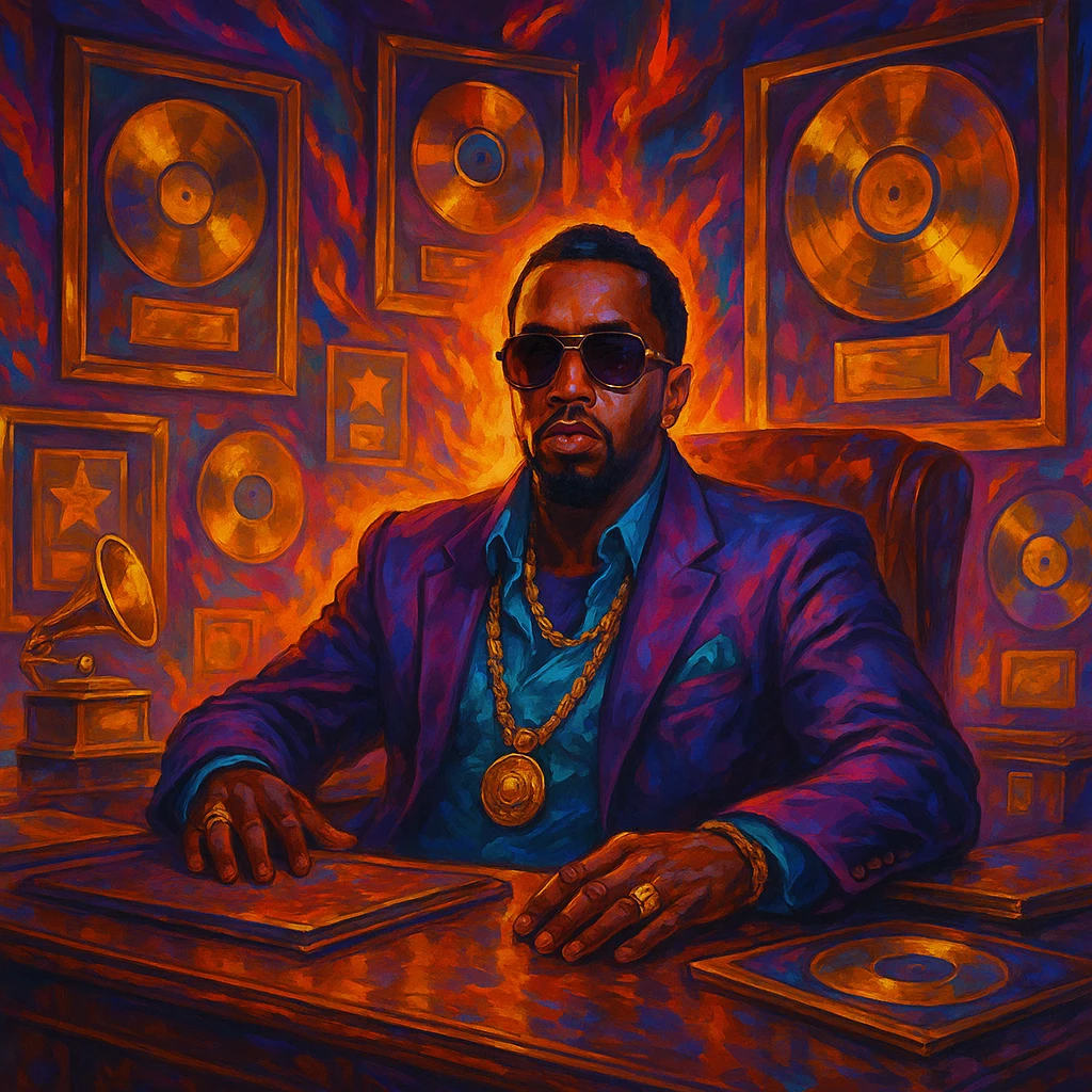 P Diddy as a music mogul, sitting at a desk with records and awards, fantasy illustration style emoji