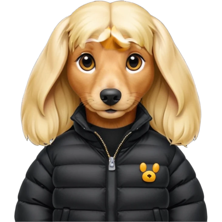 Long hair blonde Daschund dog in oversized black puffer  emoji
