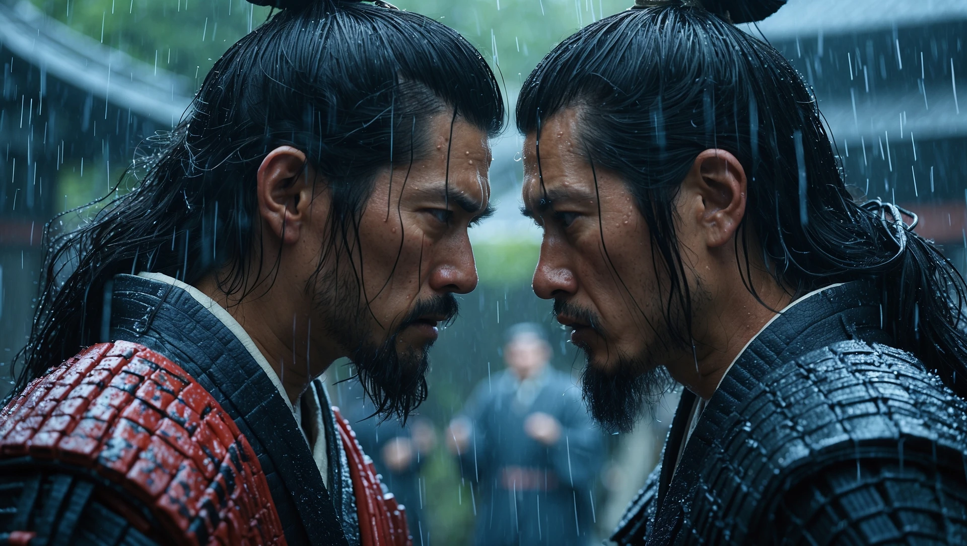 A cinematic scane of a two japan samurai face to face ready to fight during rain, Medium shot, deph composition, tense atmosphere, shot by arri alexa, film directed by wes anderson emoji