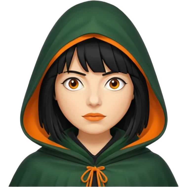 traitor tv show, person wearing dark green cloak with hood up who looks like claudia winkleman orange skin tone and thick black fringe no orange on the cloak  emoji