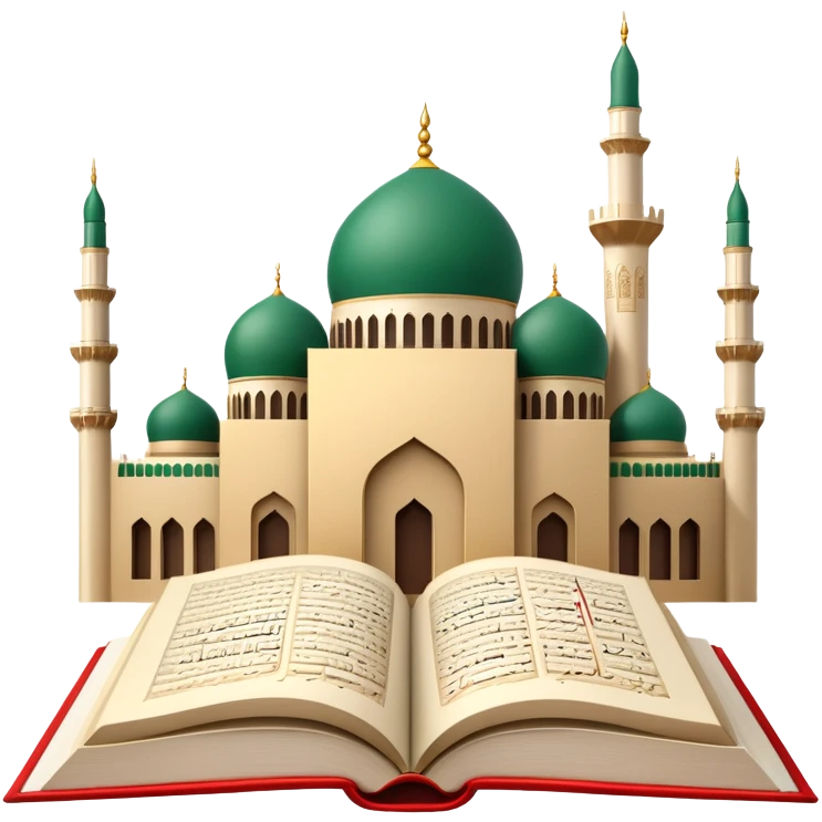 An icon featuring the mosque and the big flag of United Arab Emirates, symbolizing the Arabic language. The design includes an open book with Arabic script and calligraphy, representing language learning and cultural heritage. Transparent background emoji
