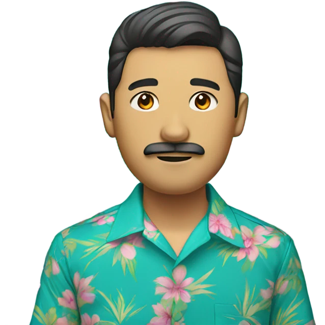 young asian man with beard and mustache, teal hawaiian shirt with pink flowers emoji