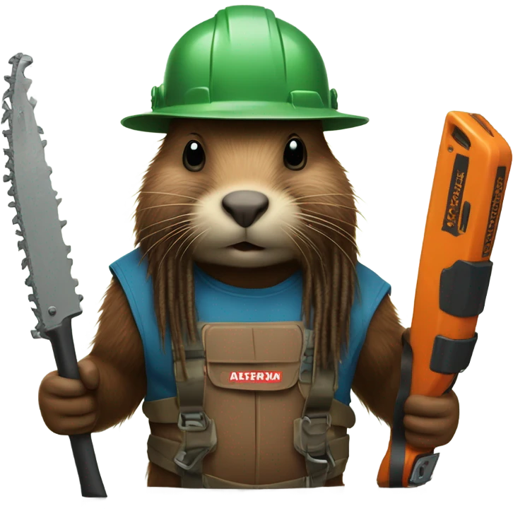 Beaver with dreadlocks in climbing gear with a chainsaw  emoji