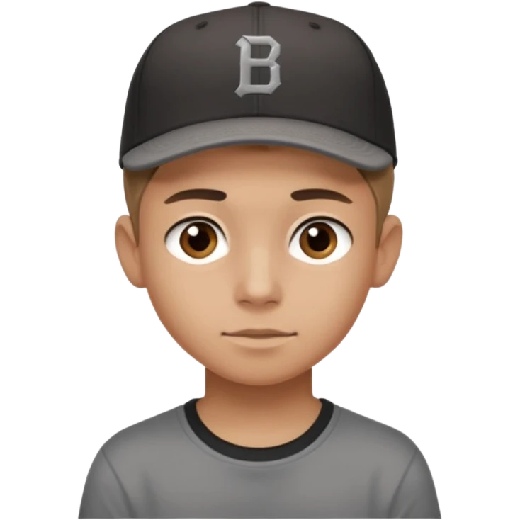 Create a teen boy wearing a faded black T-shirt. He will have light brown hair that is buzzed, tan skin, and dark brown eyes. He is wearing a gray baseball hat turned backwards. emoji