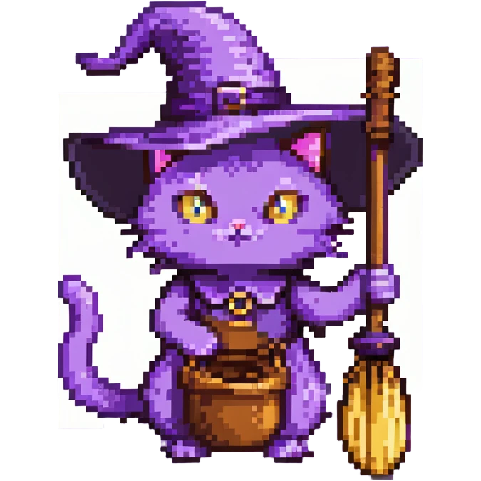 purple witch cat with a broom emoji
