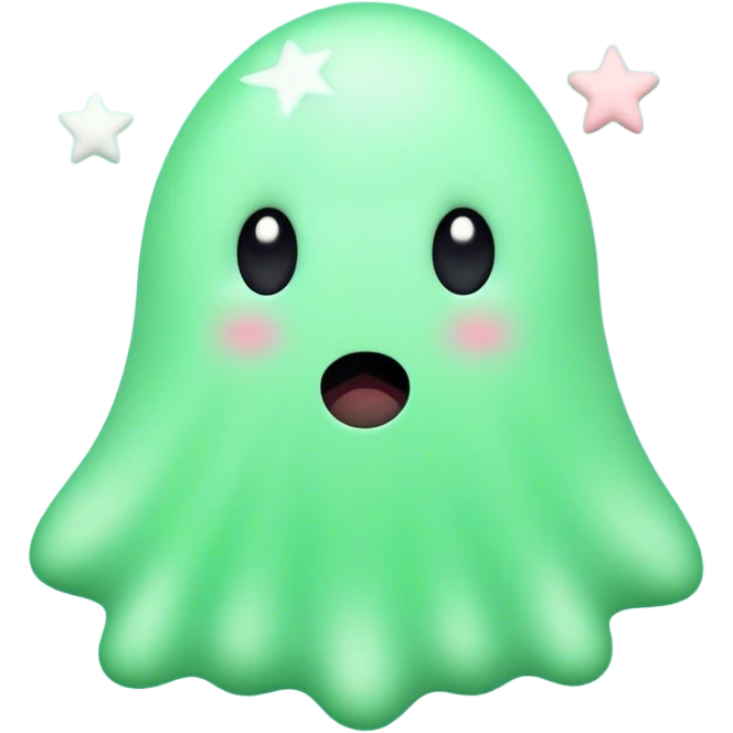 A cute, light green animated blob ghost with big round black eyes, a small white mouth, and rosy cheeks. The character has a unique upward-curving white tuft on its head. It stands against a soft pastel green background with a small white star to its left.  emoji