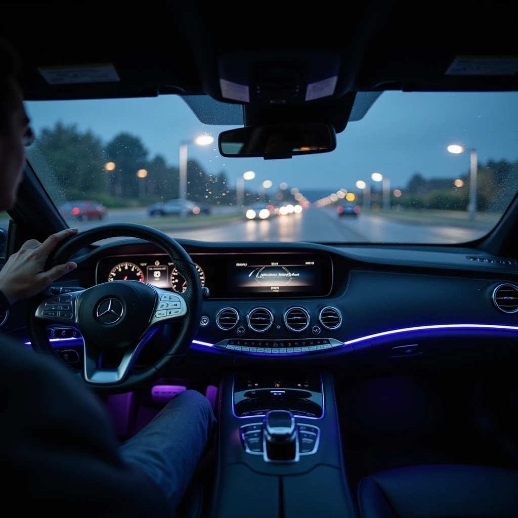 night point of view from directly behind the steering wheel of a 2025 Mercedes S-Class in a parking lot, hyperrealistic luxury interior, blue or purple ambient lighting, glowing dashboard, realistic hand on Mercedes steering wheel, rainy windshield with water droplets, blurred outside, cinematic emoji