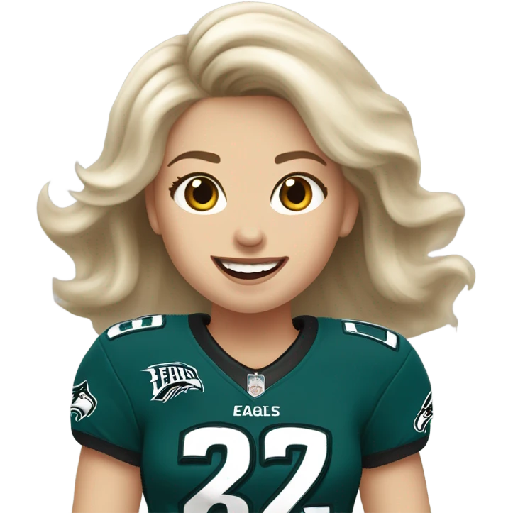 White female with light skin, medium white hair blue eyes wearing Philadelphia Eagles jersey cheering  emoji
