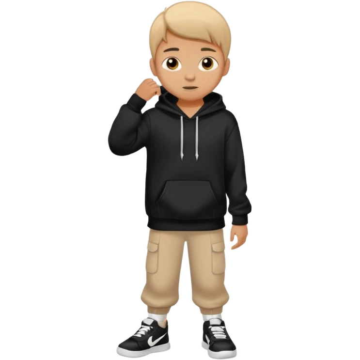 A boy wearing black hoodie and a white and black shoes emoji