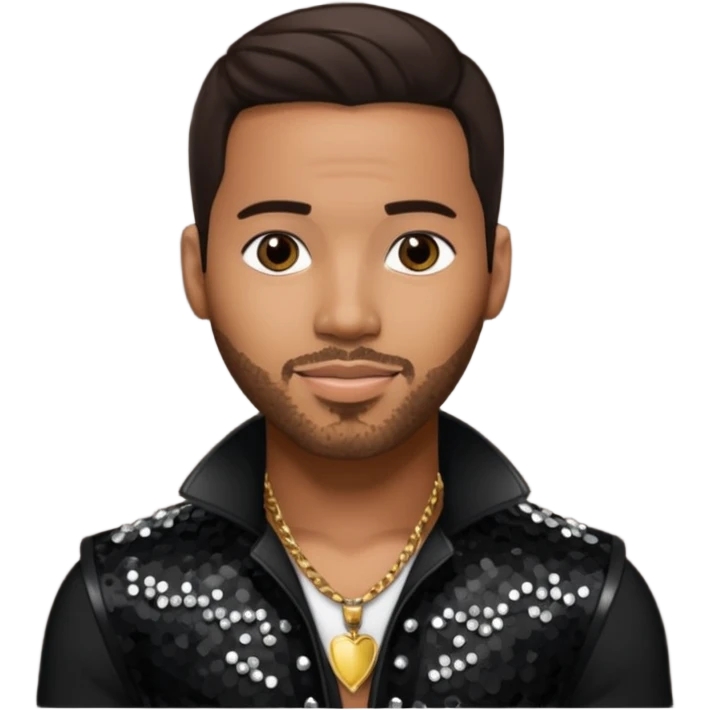 Romeo Santos with dark brown hair, black sequin outfit emoji