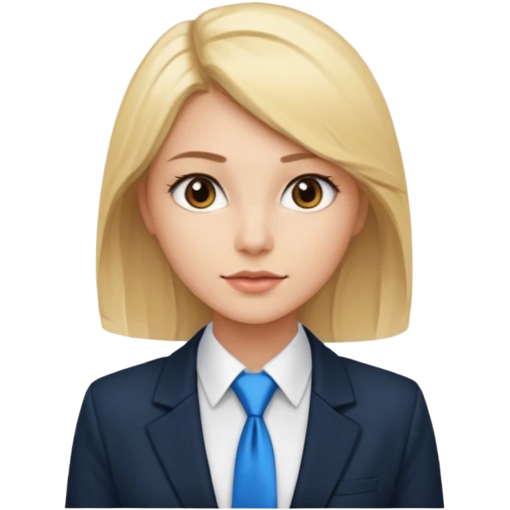 une femme blonde jolie avec des jolies traits avec une chemise blanche et une veste a manche longues et cravate bleu elle a les yeux marron emoji
