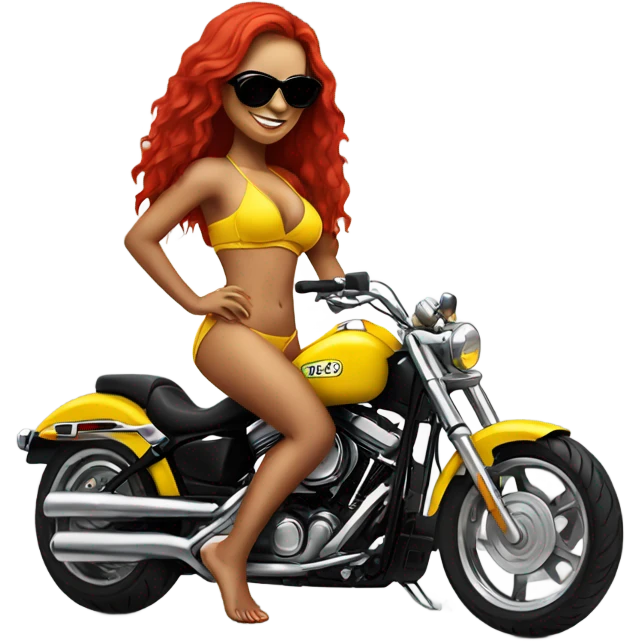 Latina with long red hair in a bikini riding a bright yellow Harley with dark sunglasses  emoji