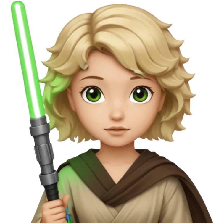 Young jedi with sandy blonde wavy short hair holding a green light saber, he has brown eyes emoji