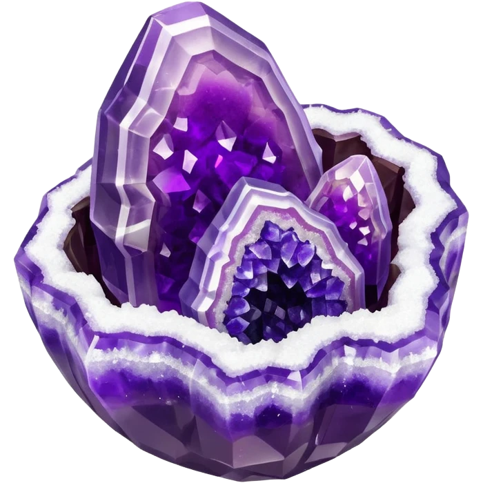 3D render of Rock Candy Geode, made entirely of dessert materials, glistening sugar crystal texture, jagged translucent purple sugar crystals, delicious confectionery aesthetic, Apple emoji style, isolated on white background --v 6.0. emoji