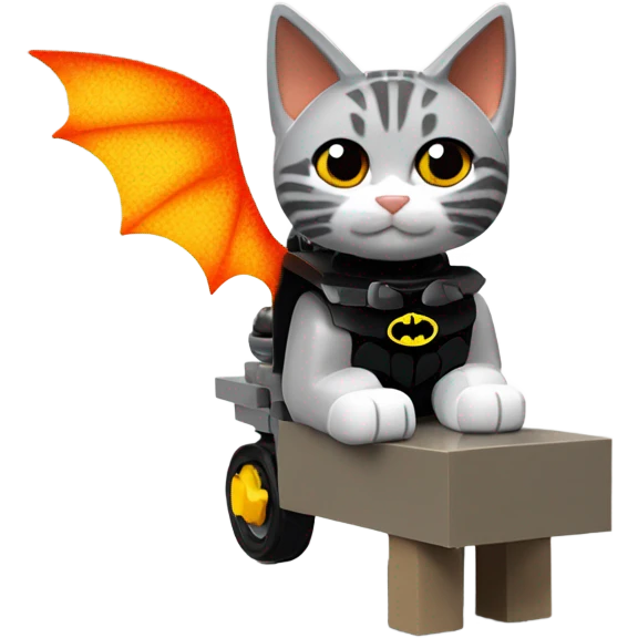 Lego Batman riding a Grey and black tabby kitten with white legs, and wings of fire  emoji