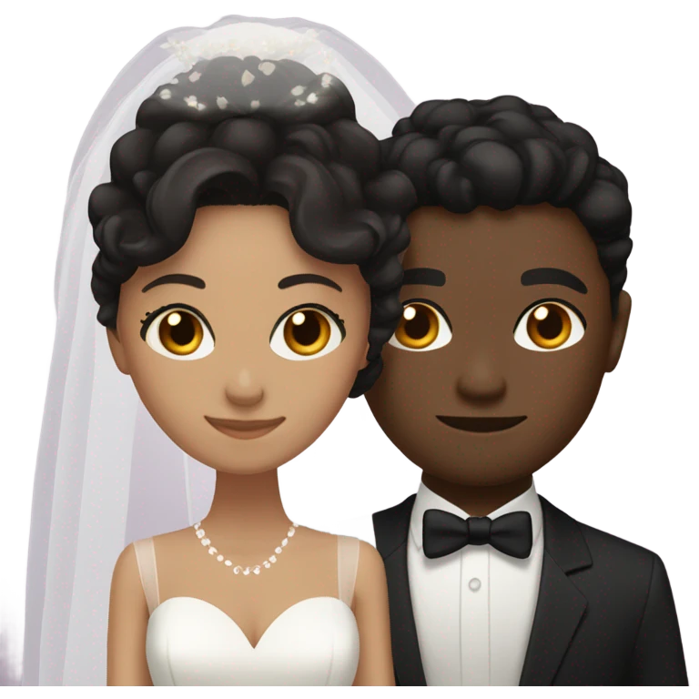 Bride with black wavy hair and light skin, Groom with black short wavy hair and brown skin, both dark brown eyes emoji