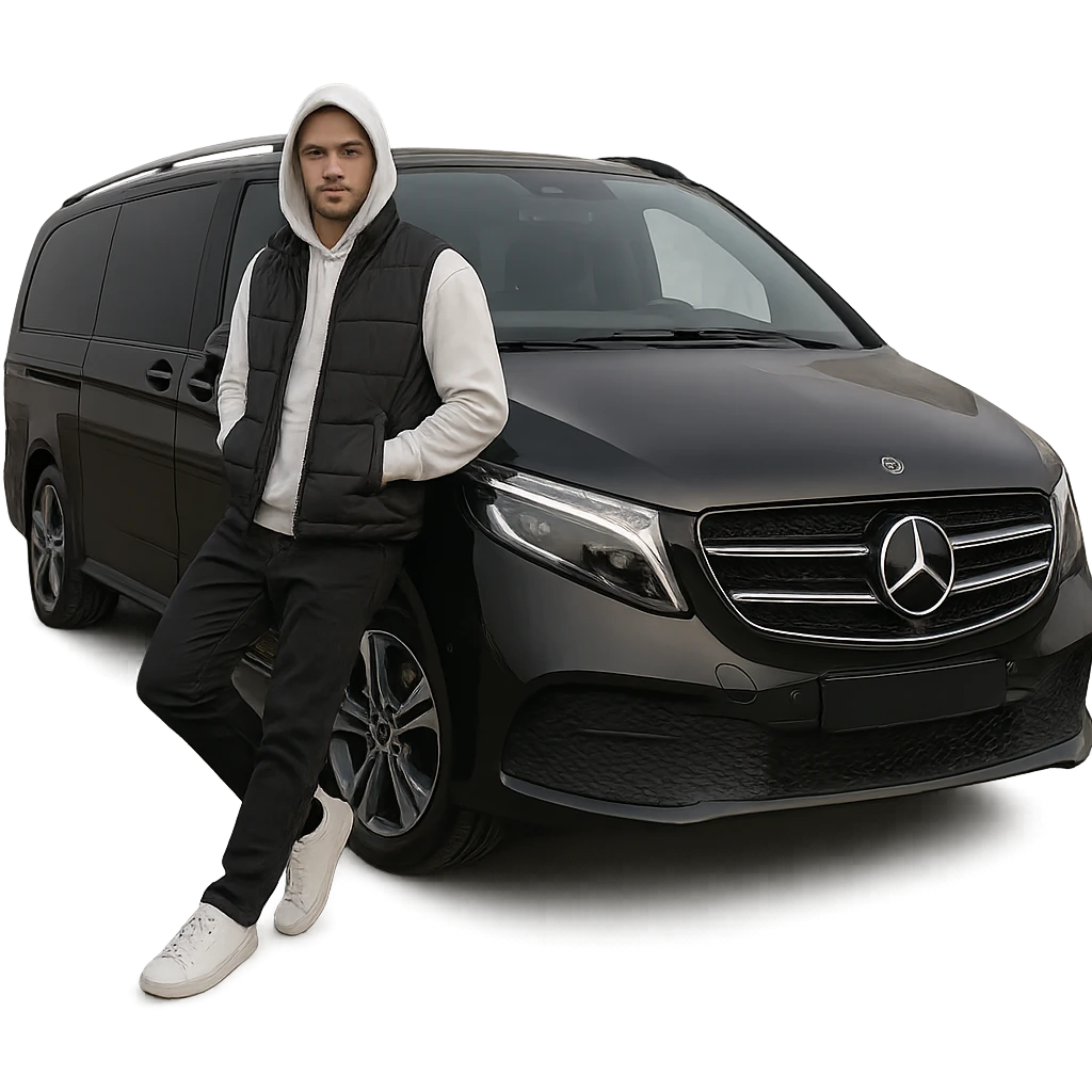 A cool male character in white sneakers, black pants, white hoodie, black vest, hood up, leaning on a black 2024 Mercedes-Benz V-Class Extra Long 300 d, isolated, full-body, ultra realistic, no text, transparent or white background. emoji