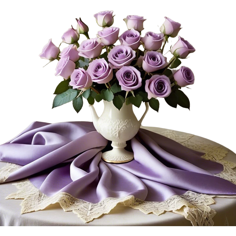 A dreamy, ethereal composition set in soft natural light: a lavish bouquet of light violet Ascott tea roses sits atop a vintage lace-covered table, their petals exuding a subtle fragrance. A deep purple satin throw adds contrast, its texture rich and luxurious. A graceful lavender butterfly hovers delicately above, as if drawn to the scene. An ivory silk ribbon, artfully tied into a loose bow, rests beside a beautifully designed pearl-colored vintage perfume flacon, its glass reflecting the surrounding hues in an elegant glow. emoji